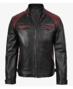 Men's Black and Burgundy Biker Leather Jacket - Image 3