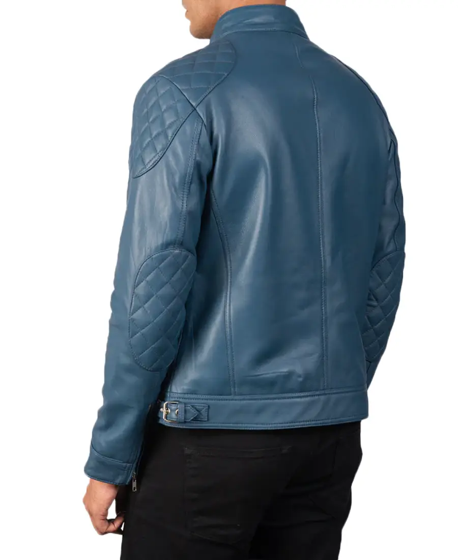 Men's Blue Biker Leather Jacket Back