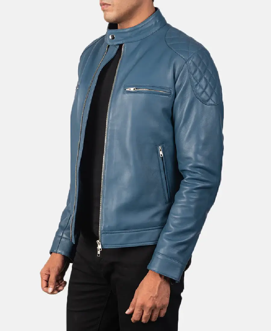 Men'S Blue Biker Leather Jacket 4 Men'S Blue Biker Leather Jacket Side