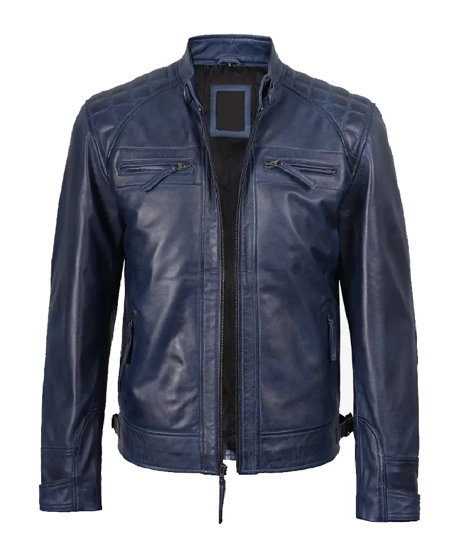 Men’s Blue Cafe Racer Quilted Biker Leather Jacket - Trendy Leather Jackets
