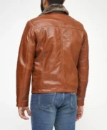 Men's Brown Fur Collar Leather Jacket - Image 2
