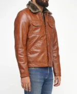 Men's Brown Fur Collar Leather Jacket - Image 4