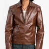 Men's Brown Zipper Basic Faux Leather Jacket