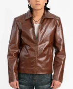 Men'S Brown Zipper Basic Faux Leather Jacket