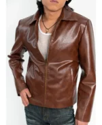 Men's Brown Zipper Basic Faux Leather Jacket - Image 4