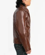 Men's Brown Zipper Basic Faux Leather Jacket - Image 3