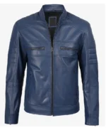 Men's Cafe Racer Blue Leather Jacket - Image 3