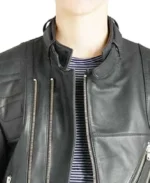 Men's Classic Belted Biker Leather Jacket Collar