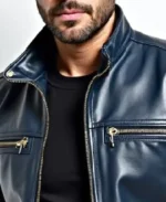 Men's Classic Navy Leather Jacket Collar