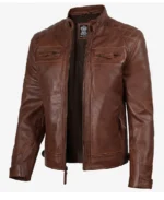 Men’s Cognac Brown Quilted Leather Biker Jacket - Image 3