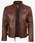 Men’s Cognac Brown Quilted Leather Biker Jacket