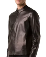 Men's Dark Brown Plain Leather Biker Jacket - Image 3