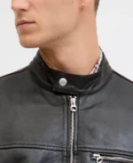 Men's Erect Collar Black Leather Jacket - Image 3