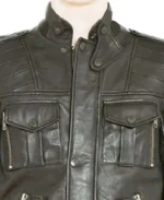 Men's Multi Pocket Black Leather Jacket Collar