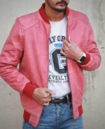 Men's Pink Suede Bomber Jacket - Image 4