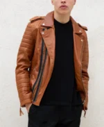 Men's Quilted Brown Leather Motorcycle Jacket - Image 4