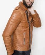 Men's Quilted Brown Leather Motorcycle Jacket - Image 3