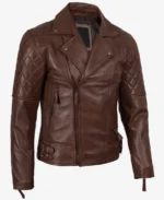 Men's Quilted Cognac Biker Leather Jacket - Image 4
