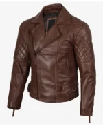 Men's Quilted Cognac Biker Leather Jacket - Image 3
