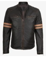 Men's Stripes Black Biker Leather Jacket - Image 3