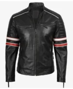 Men's Red And White Striped Cafe Racer Leather Jacket - Image 3