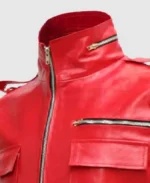 Men's Red Motorcycle Leather Jacket Collar