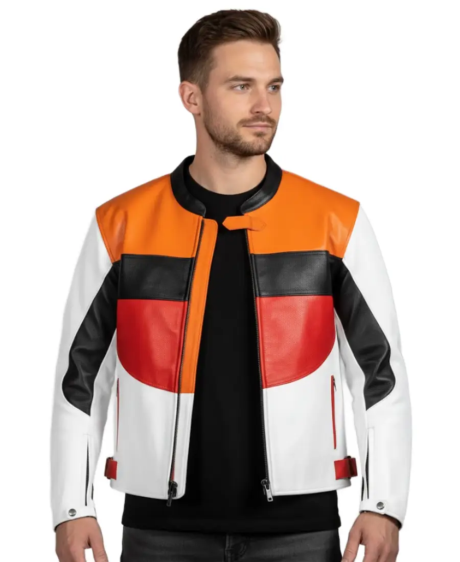Men’s Retro Colorblock Biker Leather Jacket Front - Trendy Leather Jackets