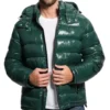 Men's Shiny Hooded Puffer Jacket - Trendy Leather Jackets