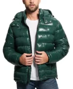 Men's Shiny Hooded Puffer Jacket - Trendy Leather Jackets