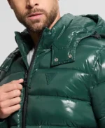 Men's Shiny Hooded Puffer Jacket Closeup - Trendy Leather Jackets
