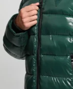 Men's Shiny Hooded Puffer Jacket Closure - Trendy Leather Jackets