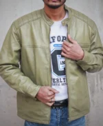 Men's Solid Olive Green Leather Jacket - Image 4