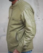 Men's Solid Olive Green Leather Jacket - Image 3