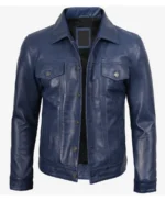 Mens Trucker Navy Leather Jacket - Image 3