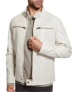 Men's White Cafe Racer Leather Jacket - Image 3