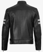 Men’s White Stripes Black Cafe Racer Leather Jacket - Image 2