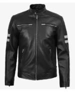 Men’s White Stripes Black Cafe Racer Leather Jacket - Image 3