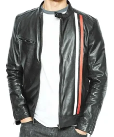 Men's White and Orange Striped Leather Jacket