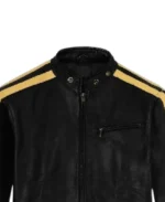 Men's Yellow Stripes Black Leather Jacket Collar