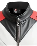 Men's Red and Black Moto Faux Leather Jacket Closeup