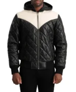 Men's Black Hooded Puffer Leather Jacket - Image 3