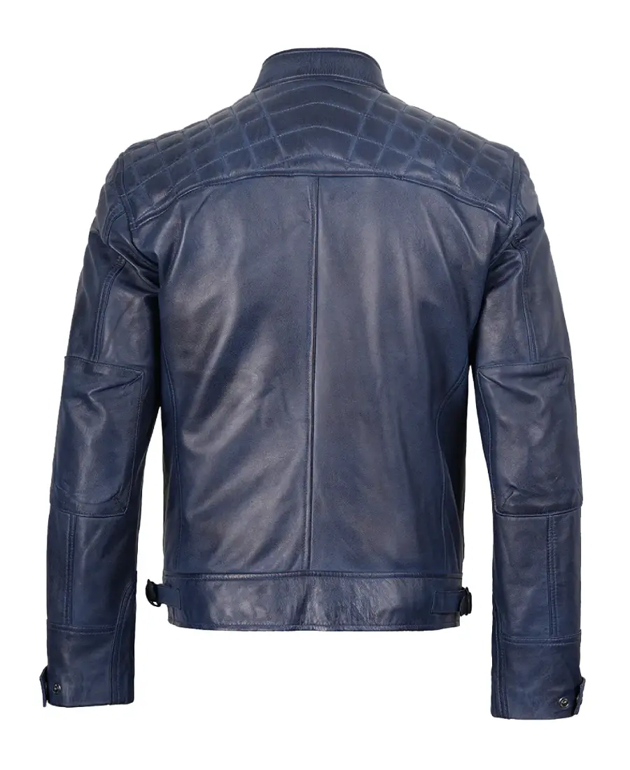 Shop Men’s Blue Cafe Racer Quilted Biker Leather Jacket - Trendy Leather Jackets