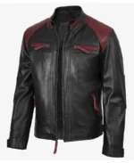 Men's Black and Burgundy Biker Leather Jacket