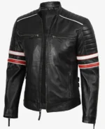 Men's Red And White Striped Cafe Racer Leather Jacket