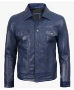 Mens Trucker Navy Leather Jacket