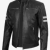 Men’s White Stripes Black Cafe Racer Leather Jacket