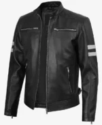 Men’s White Stripes Black Cafe Racer Leather Jacket