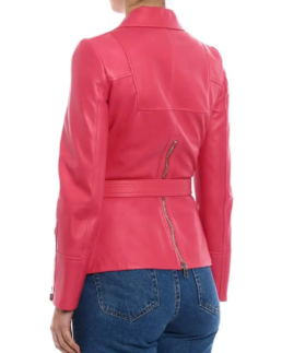 Shop The Women's Pink Belted Biker Lether Jacket