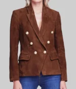 Women Brown Suede Leather Blazer - Image 2