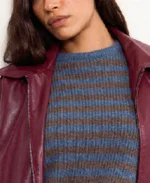 Women Cavita Burgundy Leather Jacket Collar